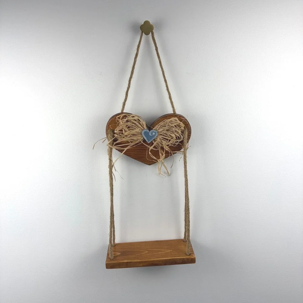 Rustic Wooden Heart Hanging Swing Shelf Brown Jute Rope Farmhouse Cottagecore
